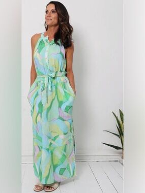Tribal Sleeveless Maxi Dress in Green, Yellow & Blue Button Up Medium